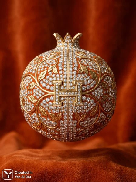 Роскошный гранат в бриллиантах с акцентом Hermès и бархатной текстурой. Картинка из нейросети Нано Банана