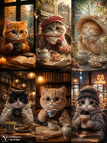 Уютные котики наслаждаются чаем и кофе в стильной обстановке. Картинка из нейросети Sora Ai Images