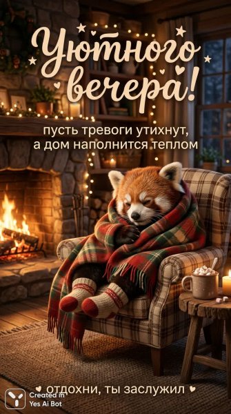 Уютный вечер с красным панда и горячим шоколадом. Изображение из нейросети Nano Banana