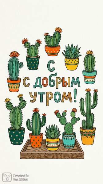 Утренний катус в наивном стиле: милые кактусы и циркульские узоры. Генерация из нейронной сети Nano Banana