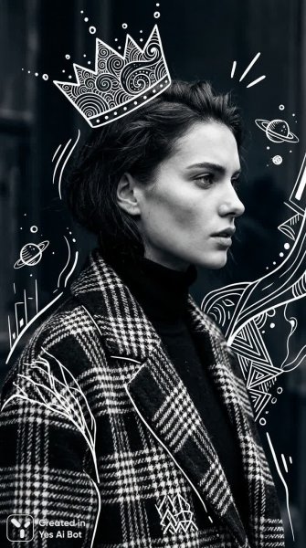 Мода в монохроме: портрет с иллюстративными акцентами и деталями. Изображение из нейросети NanoBanana