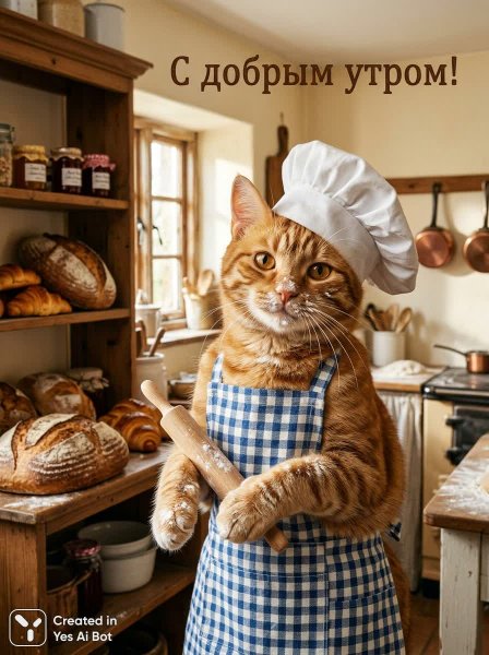 Рыжий пекарь: уютное утро в деревенской кухне с котиком и выпечкой. Генерация из нейронной сети NanoBanana