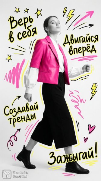 Модный плакат: Энергия, стиль и вдохновение в черно-белом образе с яркими акцентами. Изображение из нейросети Нано Банана