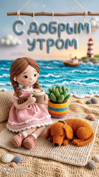 Уютное вязаное утро с латте и щенком. Нейросеть NanoBanana