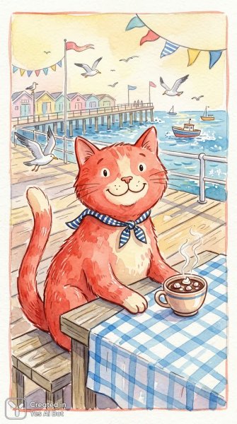 Забавный кот в кафе у моря: теплая иллюстрация акварелью. Генерация из нейронной сети Nano Banana