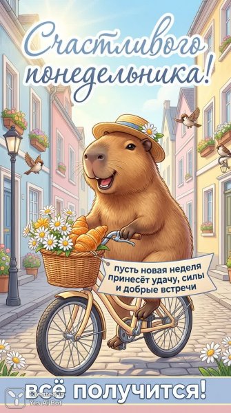Капибара на велосипеде: очаровательное начало новой недели!. Нейросеть Nano-Banana