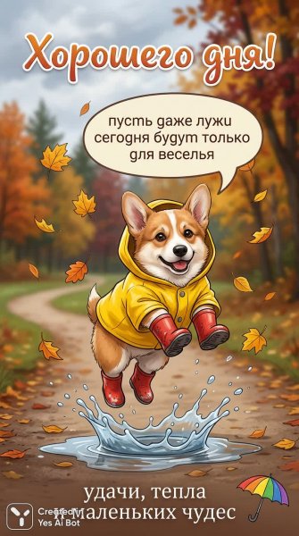 Весёлый щенок в дождевике: осеннее настроение и хорошее предсказание. Изображение из нейронной сети Нано Банана