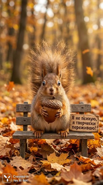 Белка-толстячок и огромный орех: креативный способ справиться с осенью!. Картинка из нейронной сети Nano Banana