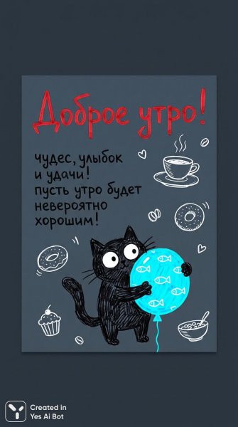Утро с котиком и воздушным шариком: добрые пожелания и уютная атмосфера. Изображение из нейронной сети Нано Банана