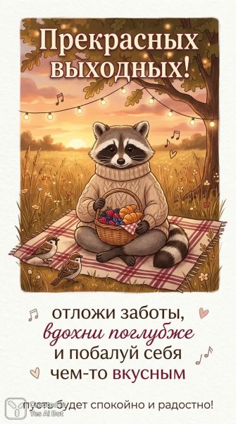 Уютные выходные с милым енотом и свежими угощениями. Картинка из нейросети Nano Banana
