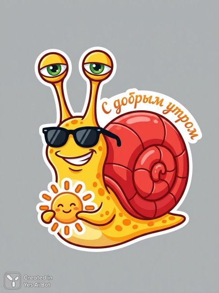 Милый улитка-талисман с утренним приветом. Картинка из нейронной сети NanoBanana