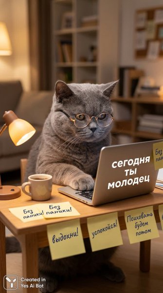 Кот-офисный работник: уютный рабочий день и мотивация на ноутбуке. Изображение из нейросети NanoBanana