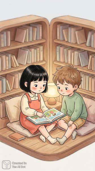 Уютное чтение: история о дружбе и книгах в волшебной библиотеке. Изображение из нейронной сети Nano Banana