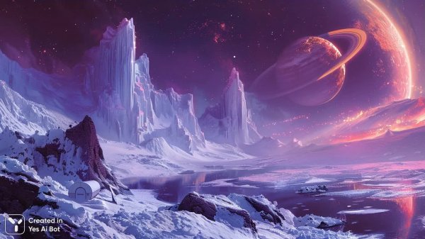 Кристальные горы и полярные кольца на ледяной планете. Изображение из нейронной сети Midjourney