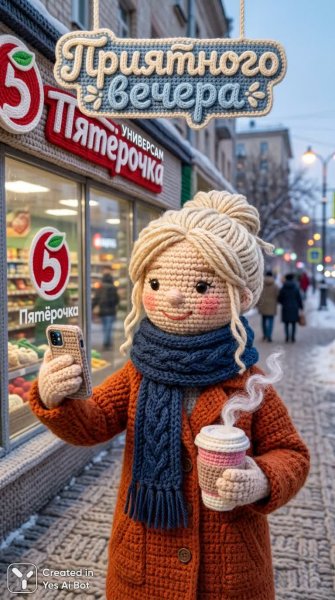 Уютная вязаная москвичка с чашкой и теплым шарфом в Пятерочке. Генерация из нейросети Nano-Banana