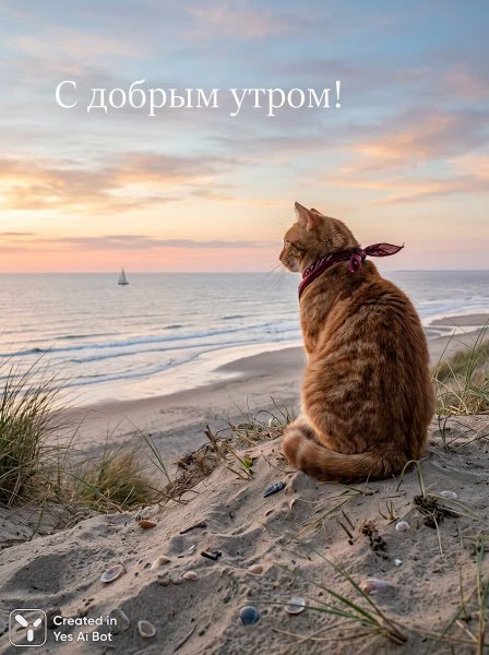 Ранний рассвет и рыжий кот на песчаной дюне у моря. Генерация из нейросети Nano Banana