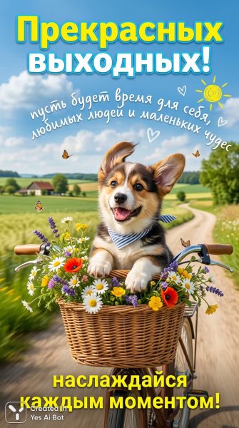 Солнечный корги дарит радость выходных и летнее настроение. Картинка из нейросети Нано Банана