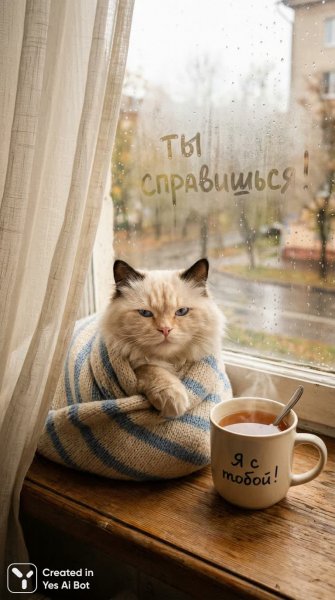 Уютное утро кота в вязаном одеяле и чашка горячего чая. Нейронная сеть Нано Банана