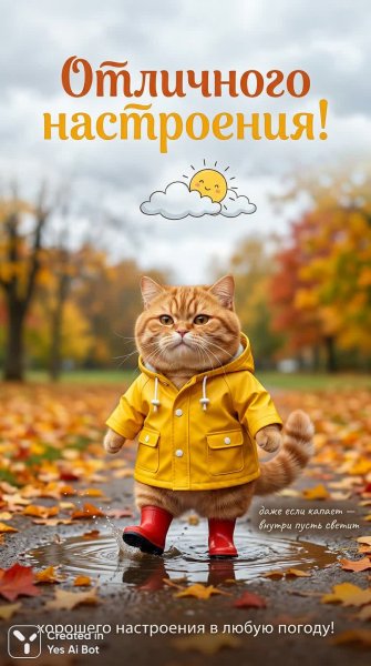 Забавный котенок в дождливый осенний день, полный уюта и хорошего настроения. Изображение из нейронной сети Nano-Banana