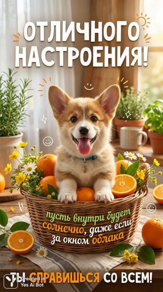 Солнечный корги в плетеной корзине с фруктами и цветами. Нейронная сеть NanoBanana