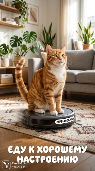 Котик-царь на роботе-вездеходе и его мурлыкающее настроение. Генерация из нейронной сети Нано Банана