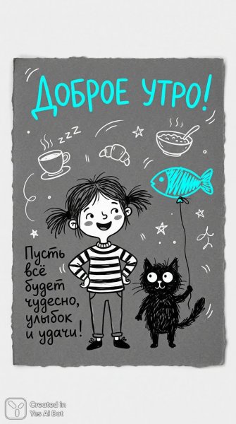 Утро с котиком и воздушным шариком: добрые пожелания и уютная атмосфера. Изображение из нейронной сети Нано Банана