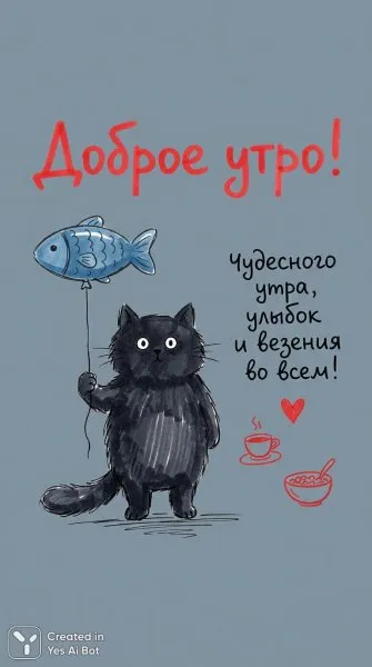 Утро с котом и воздушным рыбом: добрые пожелания на русском языке. Картинка из нейросети Nano-Banana