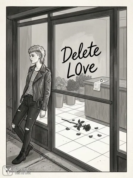 Увядшая роза и надпись Delete Love в заброшенном магазине цветов. Генерация из нейросети Nano Banana