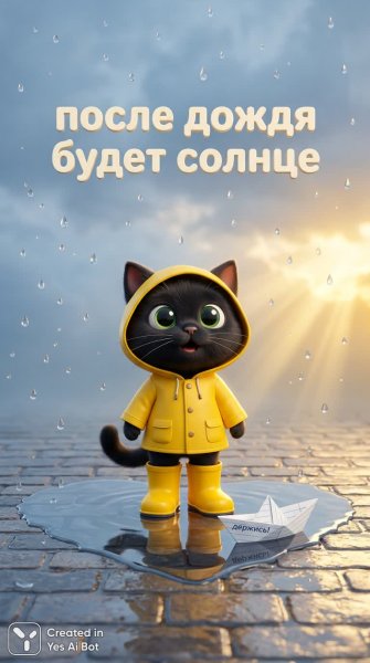 Милый котенок в дождевой шапке и сапожках после летнего ливня. Генерация из нейросети Nano-Banana