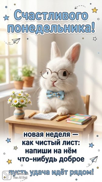 Милый заяц желает счастливого понедельника и вдохновения на новую неделю!. Нейронная сеть Нано Банана