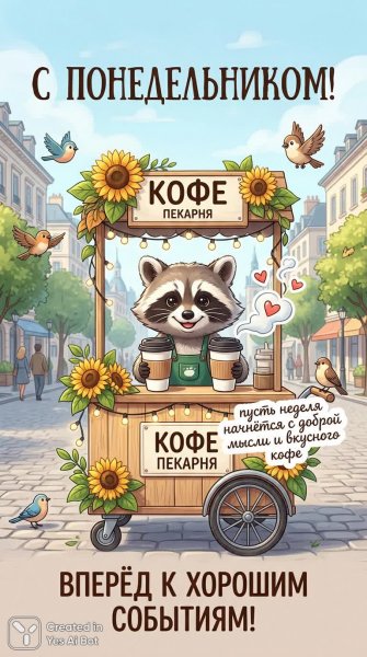 Утро с кофейным настроением и очаровательным енотом-бариста. Изображение из нейронной сети Nano-Banana