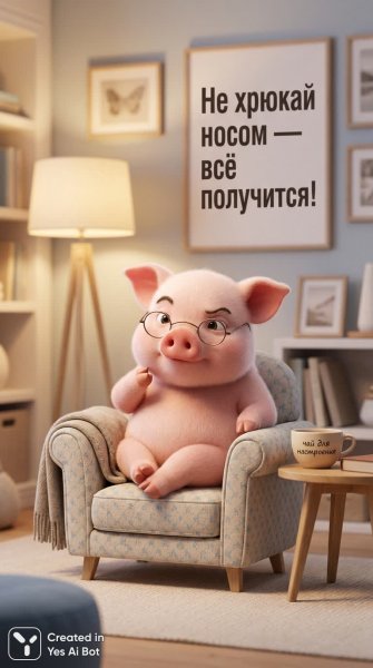Серьёзный поросенок даёт советы по жизни в уютном кресле. Генерация из нейронной сети Nano-Banana