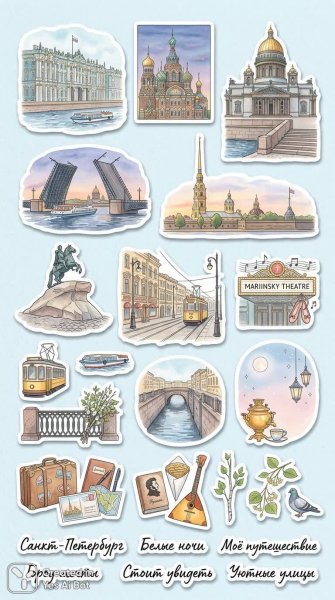 Петербургские наклейки: достопримечательности, каналы и очарование белых ночей. Изображение из нейросети Nano Banana