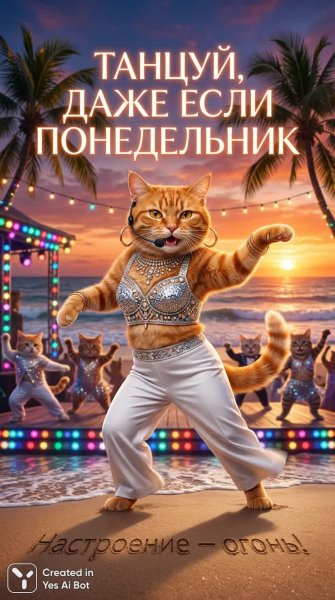 Котик-латиник на пляже: танцуй, даже если понедельник!. Генерация из нейронной сети Nano-Banana