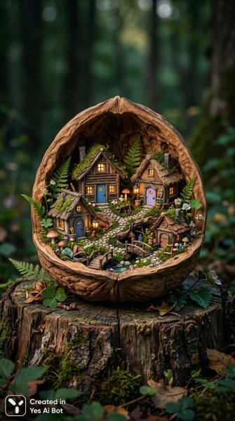 Секретный город фей в скорлупе грецкого ореха: сказочная миниатюра. Картинка из нейросети NanoBanana