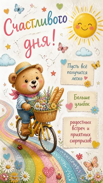 Весёлый мишка на велосипеде: солнечное настроение и добрые пожелания. Нейросеть Sora