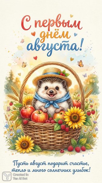 Летнее приветствие с ежиком и дарами августа. Генерация из нейронной сети Нано Банана