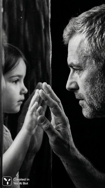 Отражение поколений: нежная связь сквозь время и стекло. Изображение из нейронной сети Нано Банана