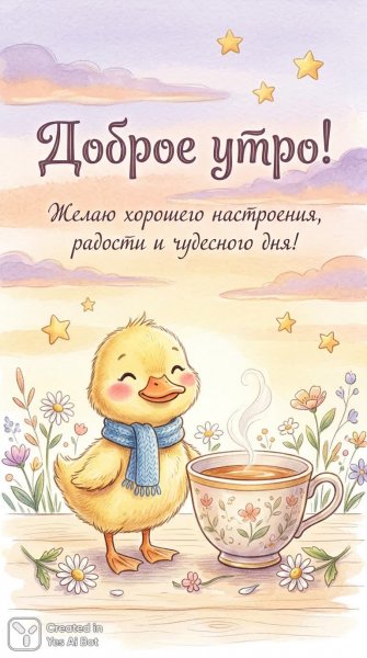 Утро с утенком: нежность, тепло и хорошее настроение на открытке. Картинка из нейросети Nano Banana