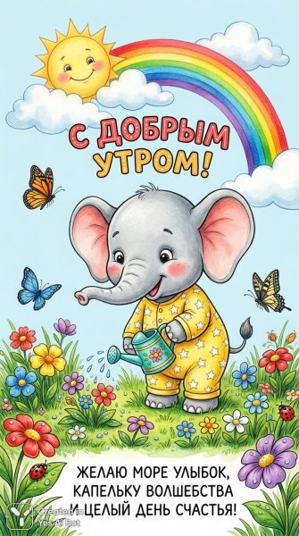 Доброе утро: очаровательный слоненок дарит радость и сказочное настроение с яркими цветами и солнечным светом. Изображение из нейронной сети Nano-Banana