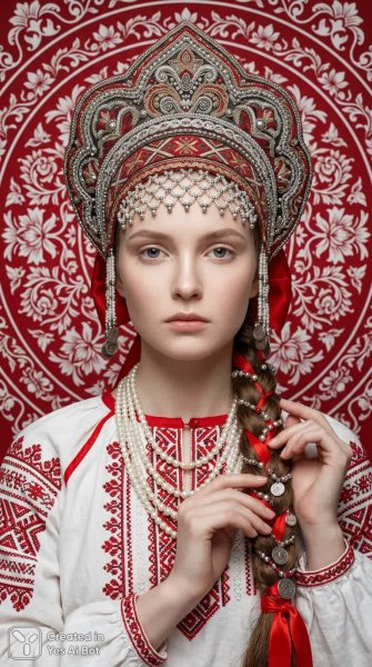 Славянская красавица в этническом футуризме: портрет с кокошником и жемчугом. Нейросеть Нано Банана