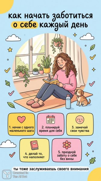 Ежедневная забота о себе: простые шаги к гармонии и благополучию. Картинка из нейросети NanoBanana