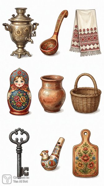Русский быт в акварельных иконках: самовар, лапти и матрёшка с цветочным узором. Генерация из нейросети Nano Banana