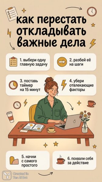 Продуктивность для женщин: как справиться с прокрастинацией и начать действовать прямо сейчас. Генерация из нейронной сети Nano Banana