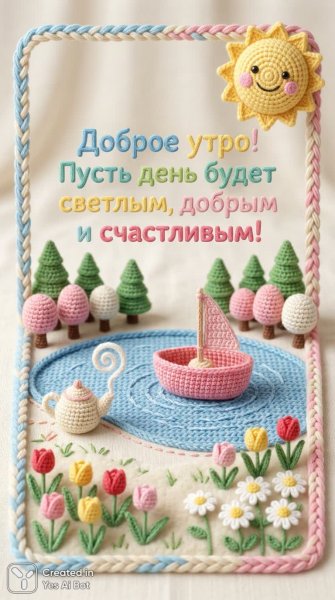 Уютная вязаная открытка с добрыми пожеланиями нового дня. Нейронная сеть Нано Банана
