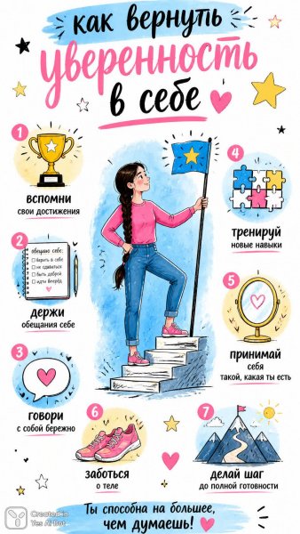 Верни уверенность: семь шагов к самосовершенствованию и гармонии с собой. Генерация из нейросети Sora Ai Images