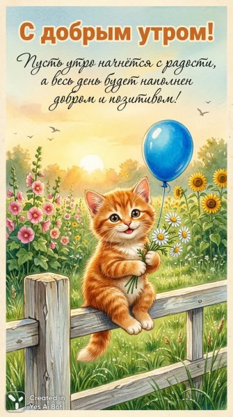 Утро в стиле советской открытки: котенок и летнее настроение. Картинка из нейронной сети Nano-Banana