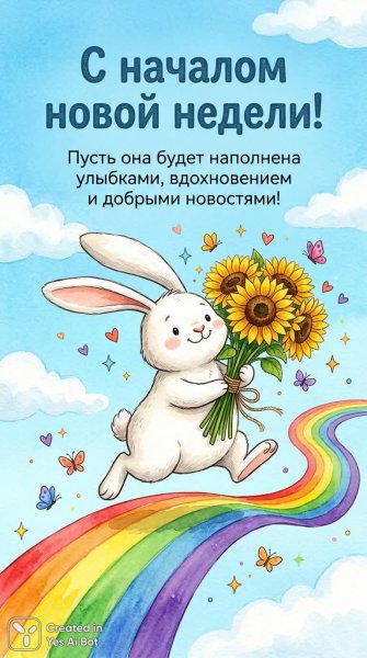 Забавный кролик с подсолнухами: яркая иллюстрация к новой неделе!. Нейронная сеть Nano Banana