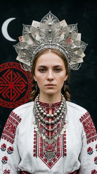 Славянская красавица в этническом футуризме: портрет с серебряным кокошником и таинственным фоном. Нейронная сеть Nano Banana