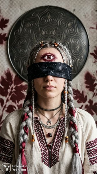 Загадочная славянка: космический взгляд и тонкая работа фотографа. Картинка из нейросети Нано Банана